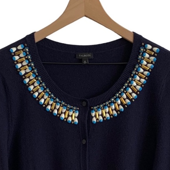 Talbots Navy Lambswool Blend Embellished Cardigan - Picture 3 of 8